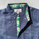 India Ink/Palm Print ++ navy linen shirt with palm frond accents on the cuffs