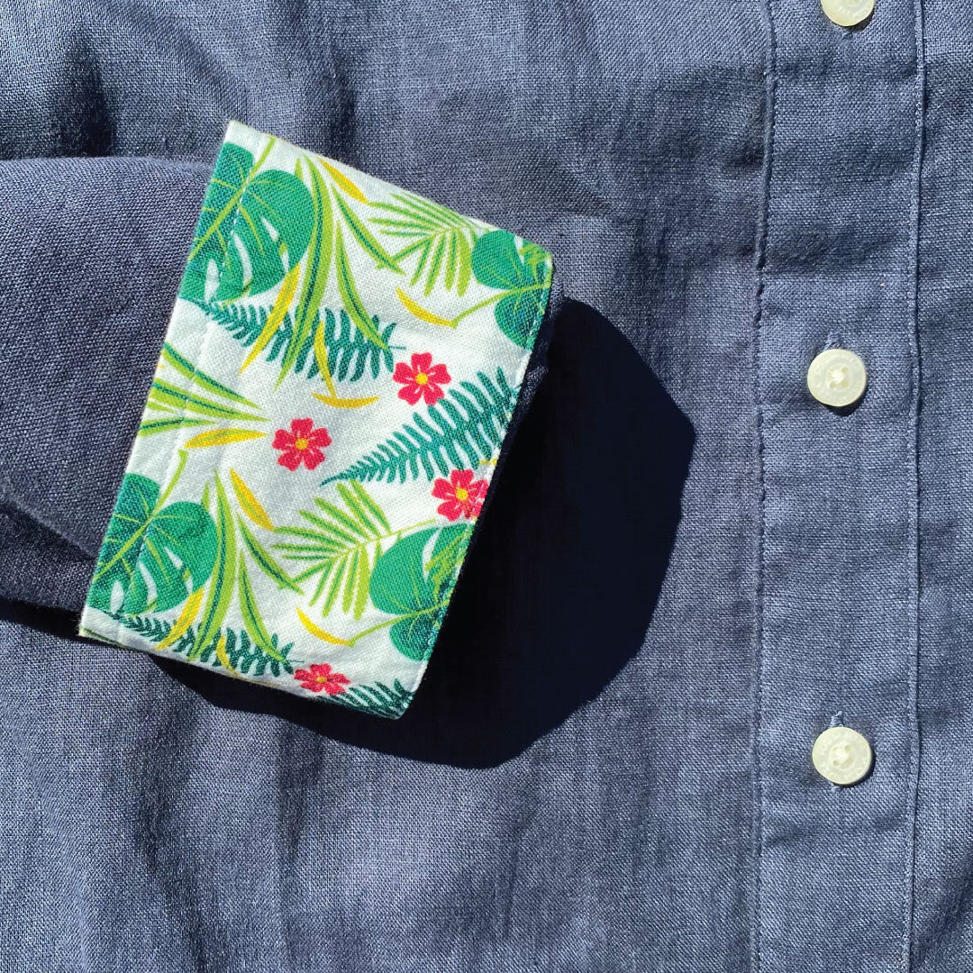 India Ink/Palm Print ++ navy linen shirt with palm frond accents on the cuffs