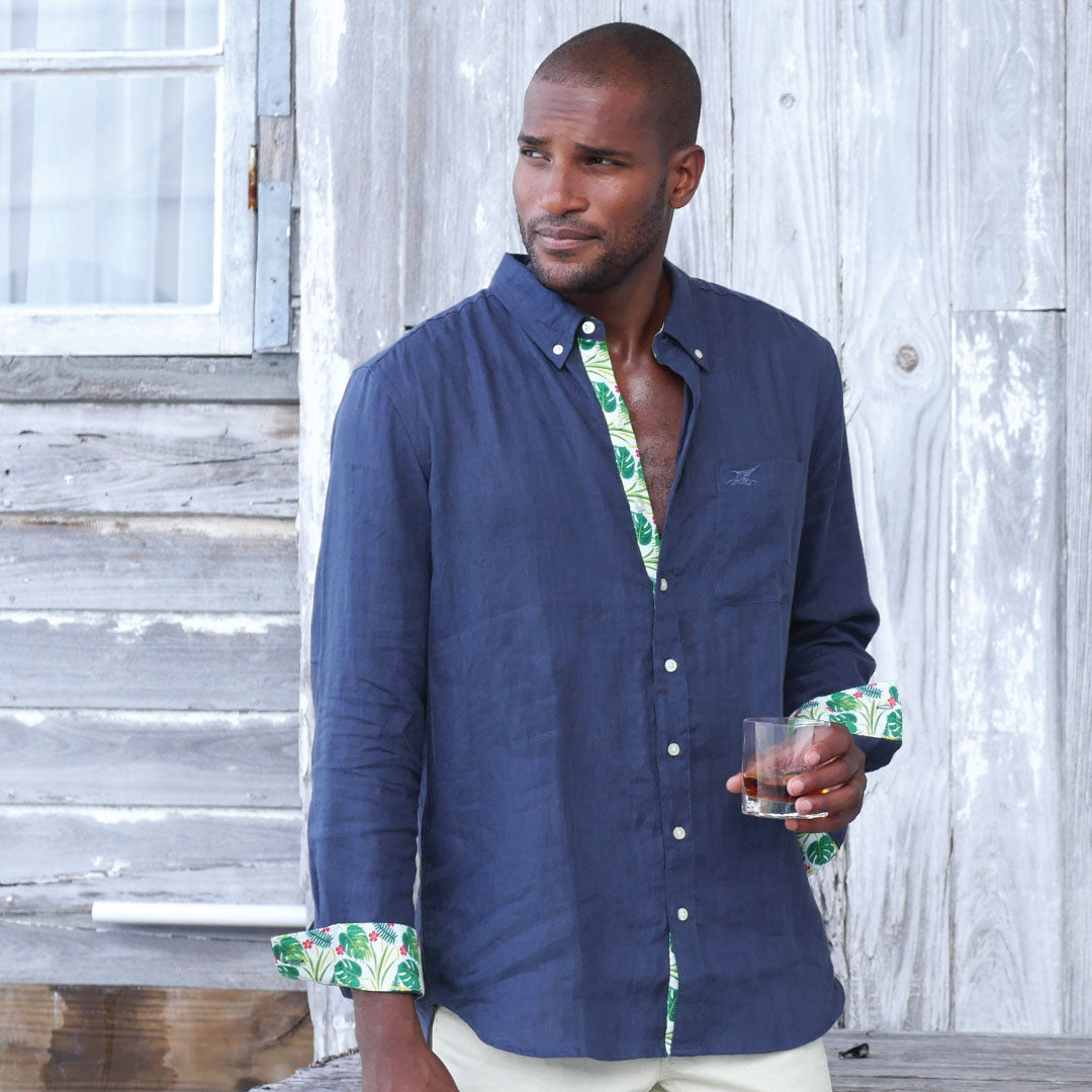 India Ink/Palm Print ++ navy linen shirt with palm frond accents on the cuffs