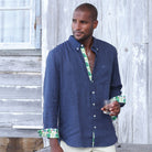 India Ink/Palm Print ++ navy linen shirt with palm frond accents on the cuffs