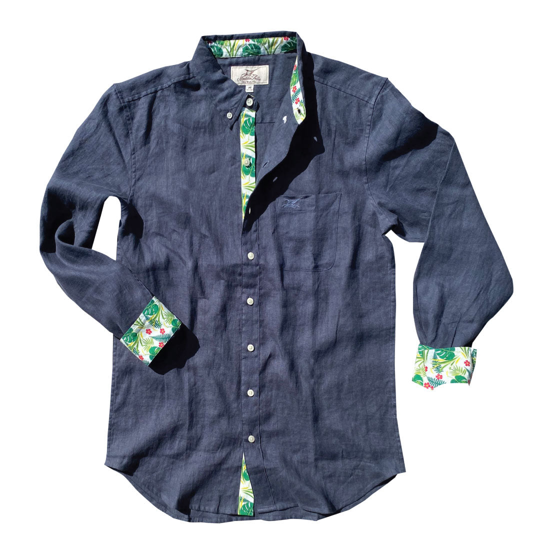 India Ink/Palm Print ++ navy linen shirt with palm frond accents on the cuffs