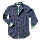 India Ink/Palm Print ++ navy linen shirt with palm frond accents on the cuffs