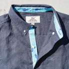 India Ink/Pineapple ++ navy men's linen shirt with blue cuffs and pineapple accents