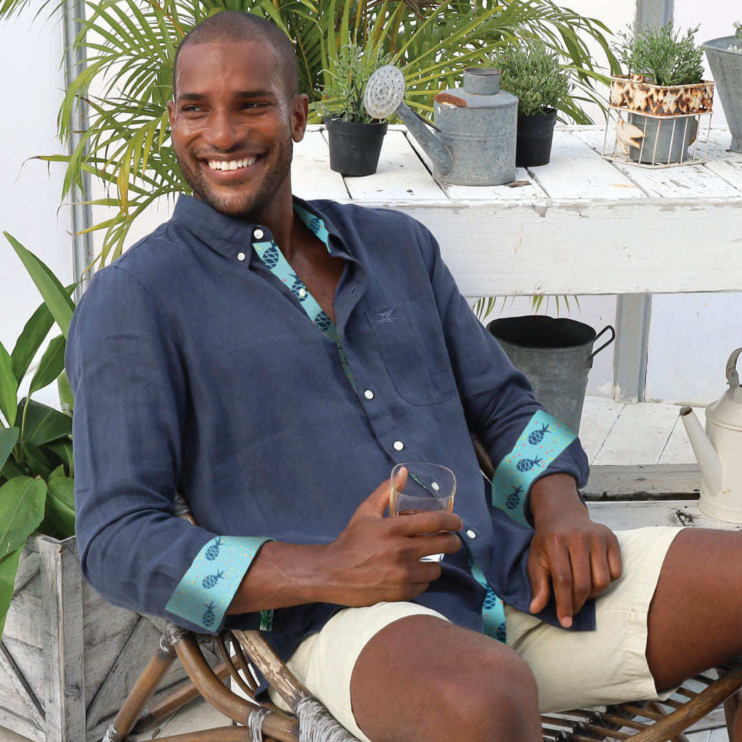 India Ink/Pineapple ++ navy men's linen shirt with blue cuffs and pineapple accents