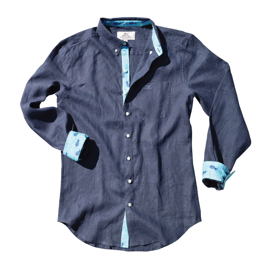 India Ink/Pineapple ++ navy men's linen shirt with blue cuffs and pineapple accents