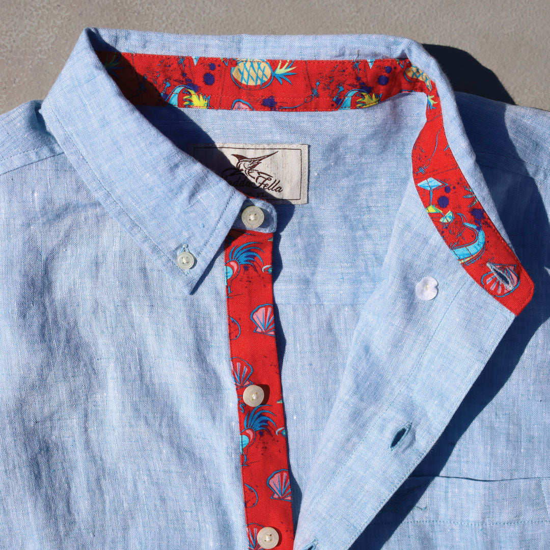 Caribbean Blue/Icon Print ++ light blue long sleeve linen shirt with red tropical print accent men's