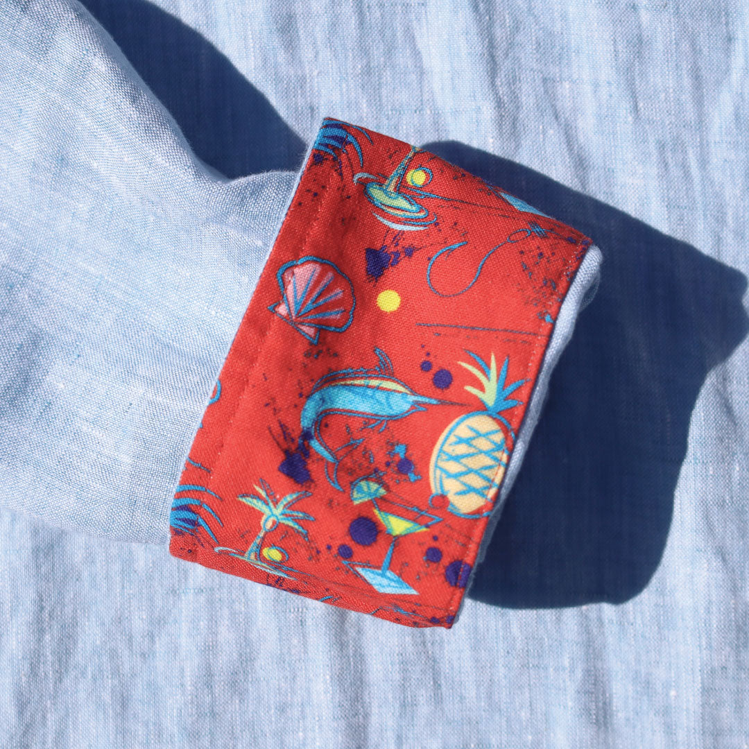 Caribbean Blue/Icon Print ++ light blue long sleeve linen shirt with red tropical print accent men's