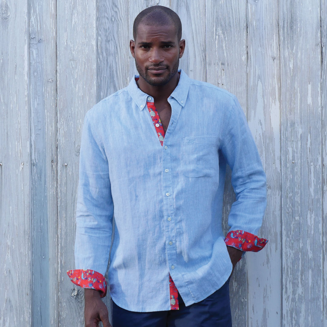 Caribbean Blue/Icon Print ++ light blue long sleeve linen shirt with red tropical print accent men's