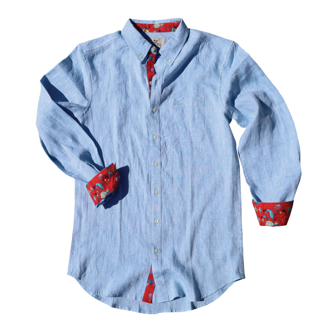 Caribbean Blue/Icon Print ++ light blue long sleeve linen shirt with red tropical print accent men's