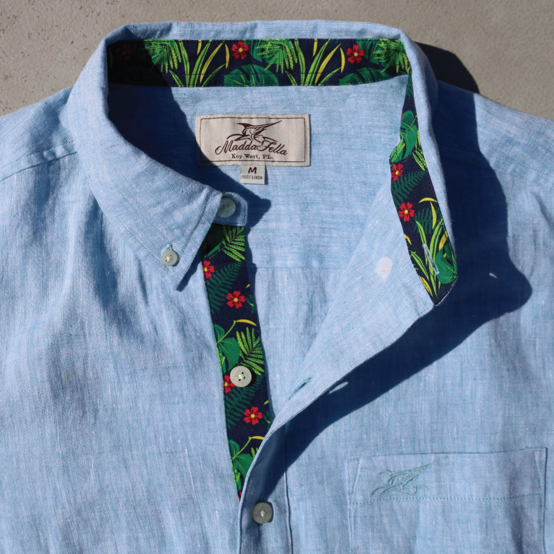 Caribbean Blue/Palm Print ++ men's linen shirt palm print accents on blue shirt