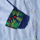 Caribbean Blue/Palm Print ++ men's linen shirt palm print accents on blue shirt