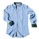 Caribbean Blue/Palm Print ++ men's linen shirt palm print accents on blue shirt