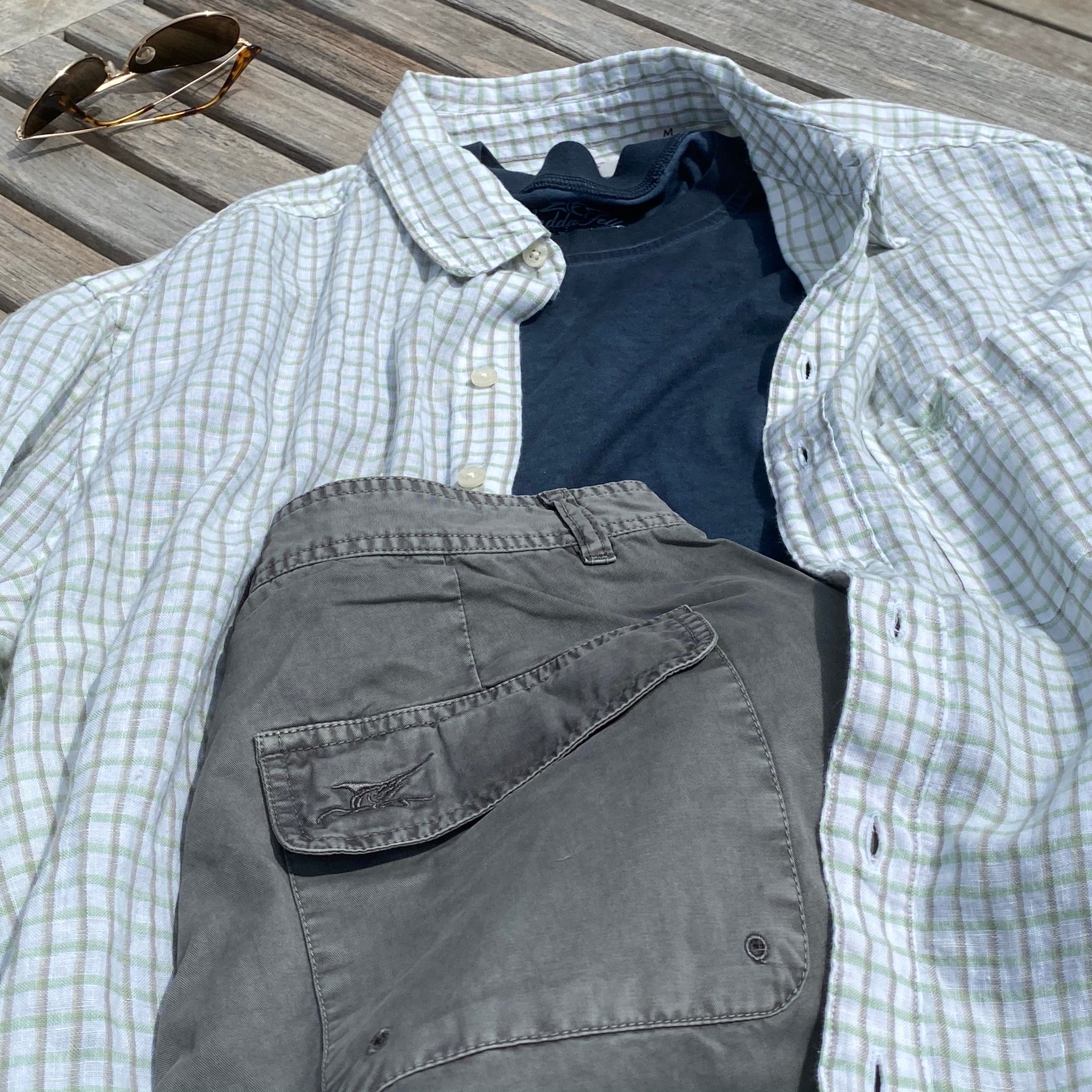 Palm Green Check ++ mens green check linen shirt