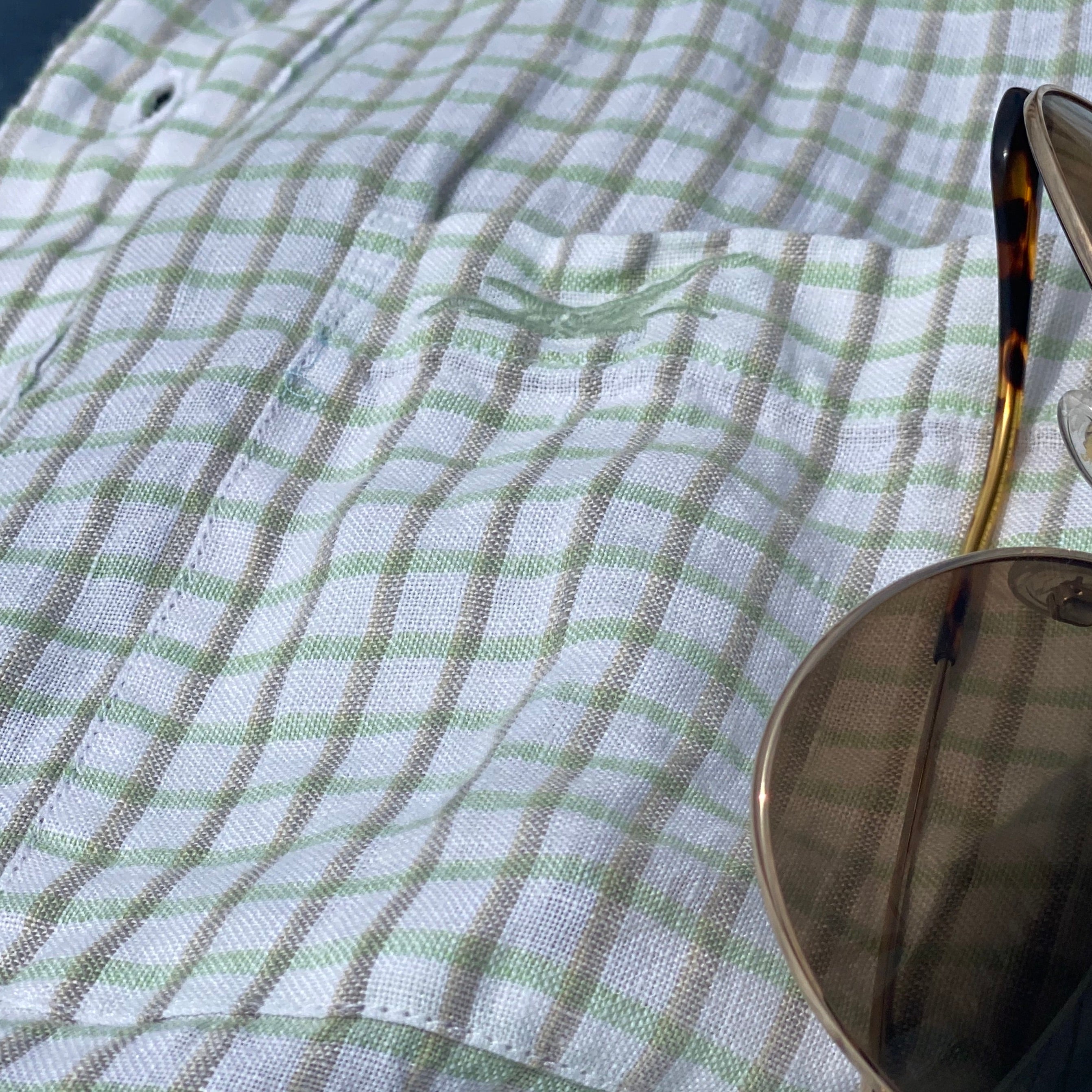 Palm Green Check ++ mens green check linen shirt