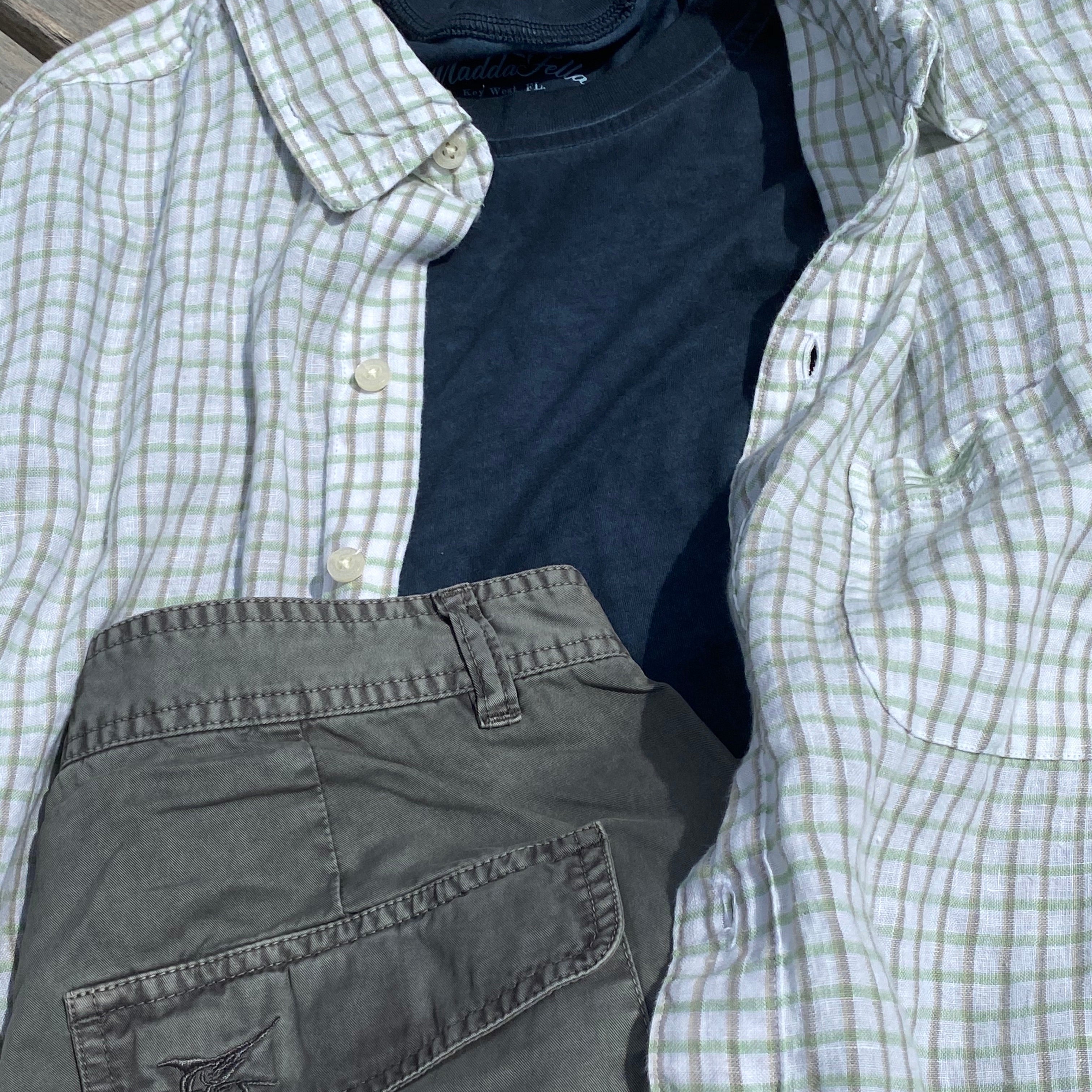 Palm Green Check ++ mens green check linen shirt