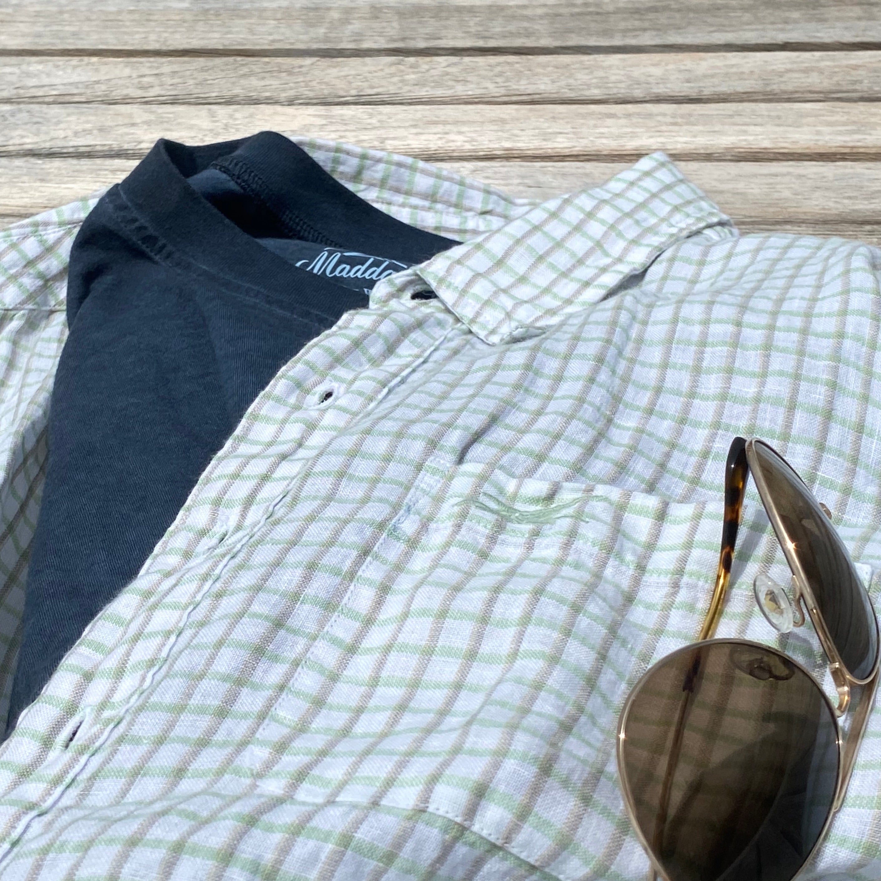 Palm Green Check ++ mens green check linen shirt