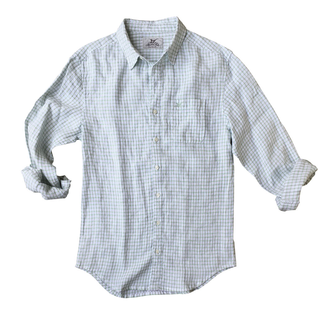 Palm Green Check ++ mens green check linen shirt