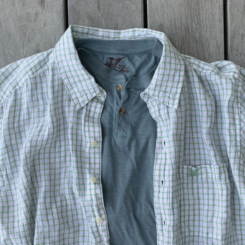 Palm Green Check ++ mens green check linen shirt