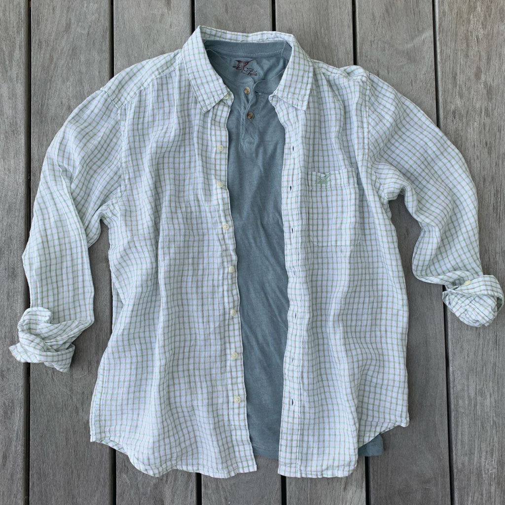 Palm Green Check ++ mens green check linen shirt