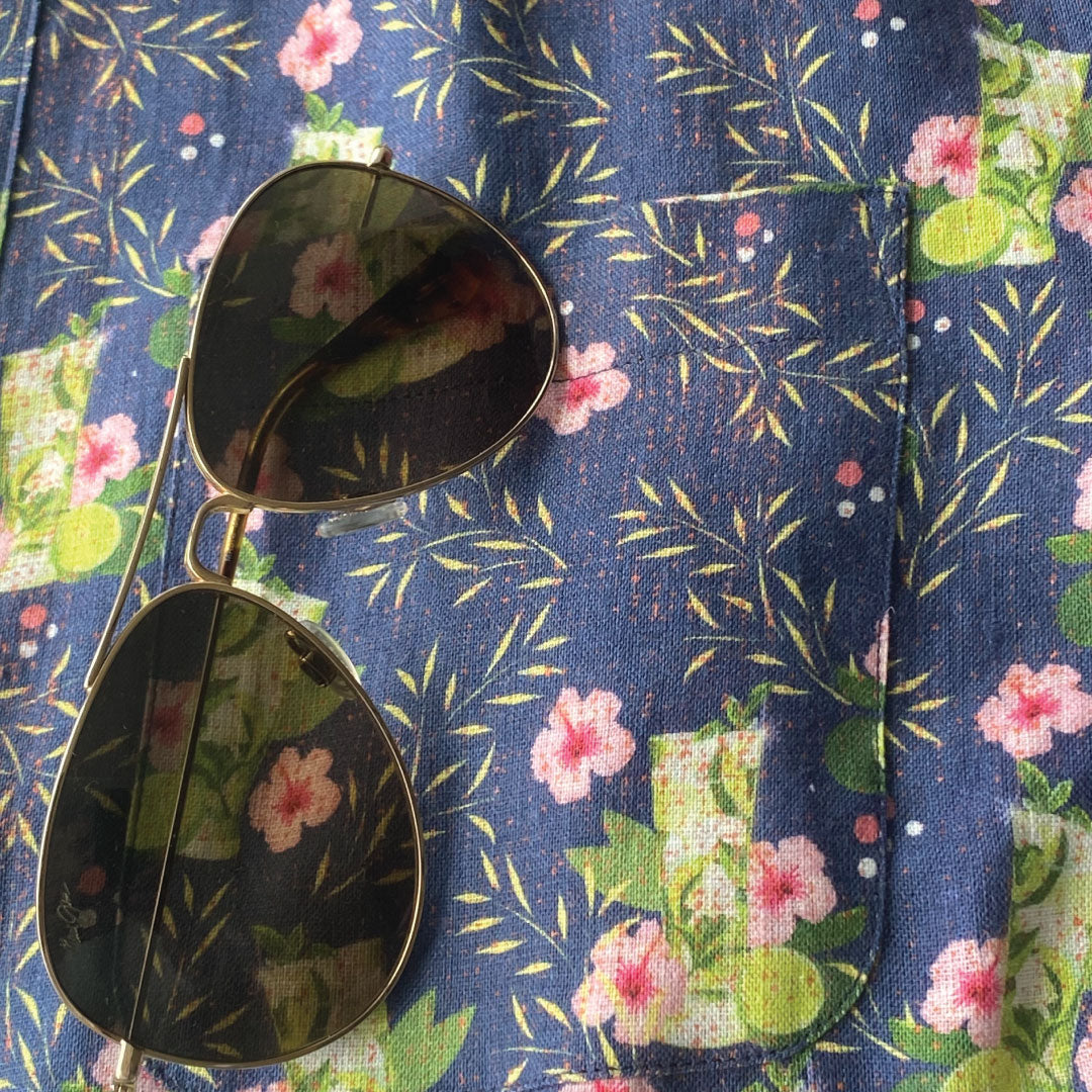 Mojito Print ++ mens navy blue short sleeve linen shirt in mojito print