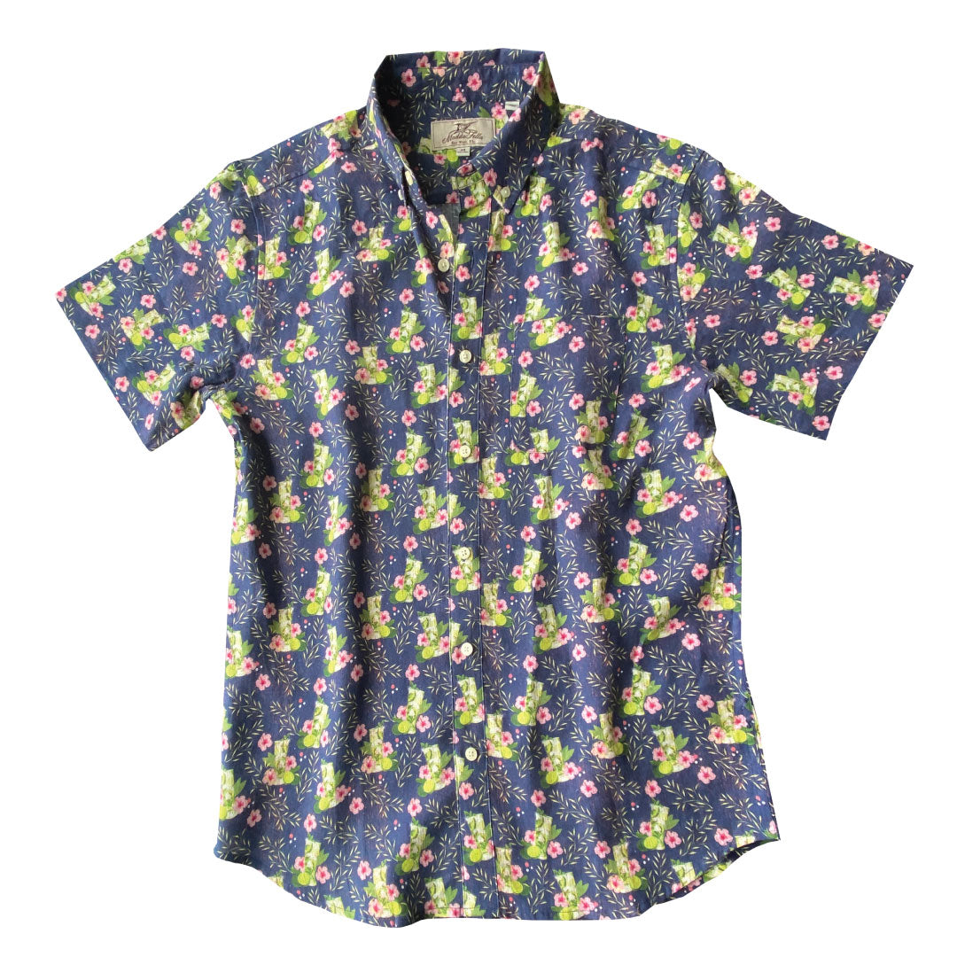 Mojito Print ++ mens navy blue short sleeve linen shirt in mojito print