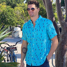 Pineapple Print ++ men's turquoise short sleeve linen shirt pineapple print