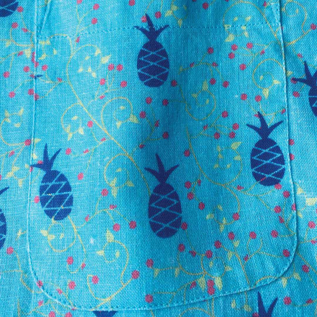 Pineapple Print ++ men's turquoise short sleeve linen shirt pineapple print