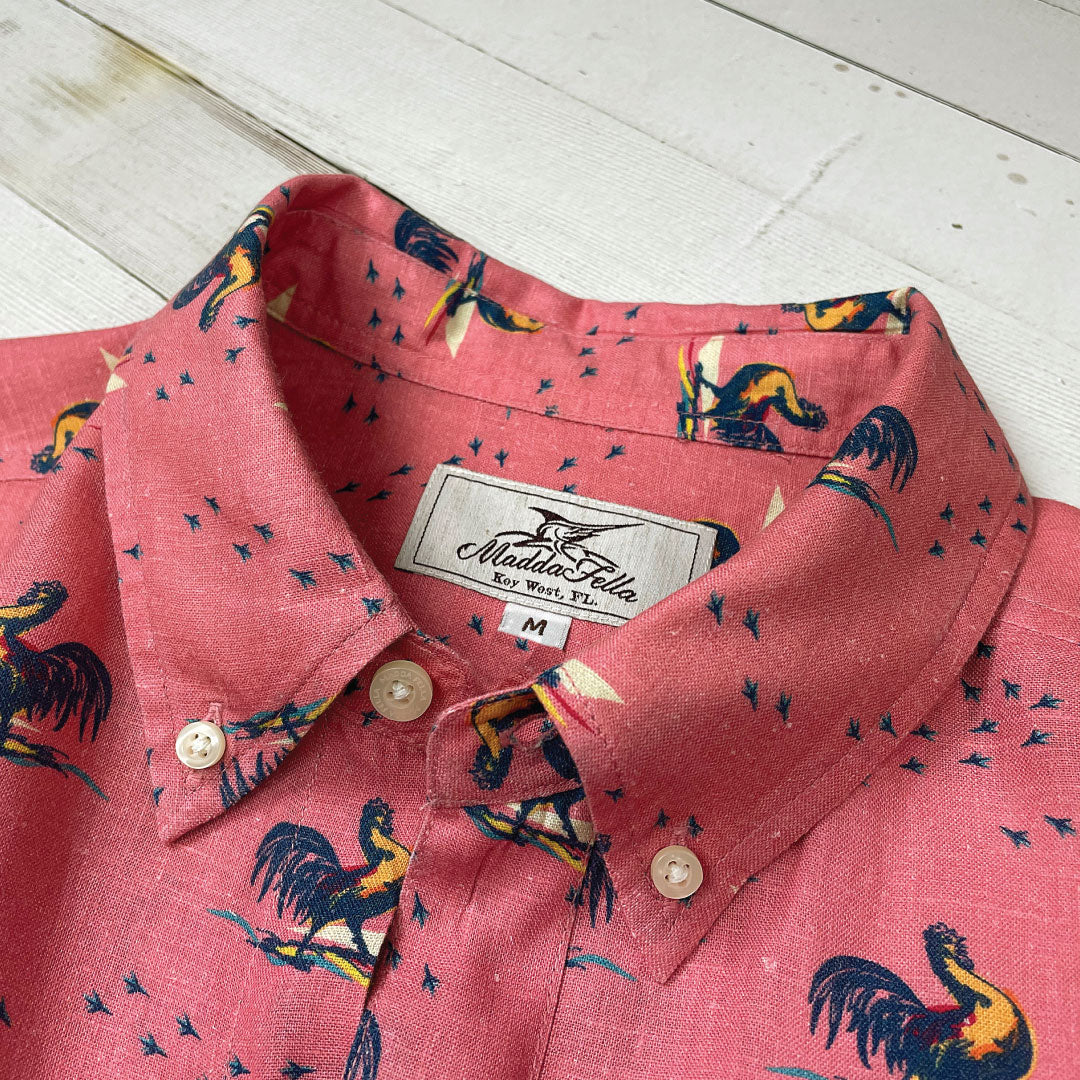 Rooster ++ men's pink linen shirt rooster print