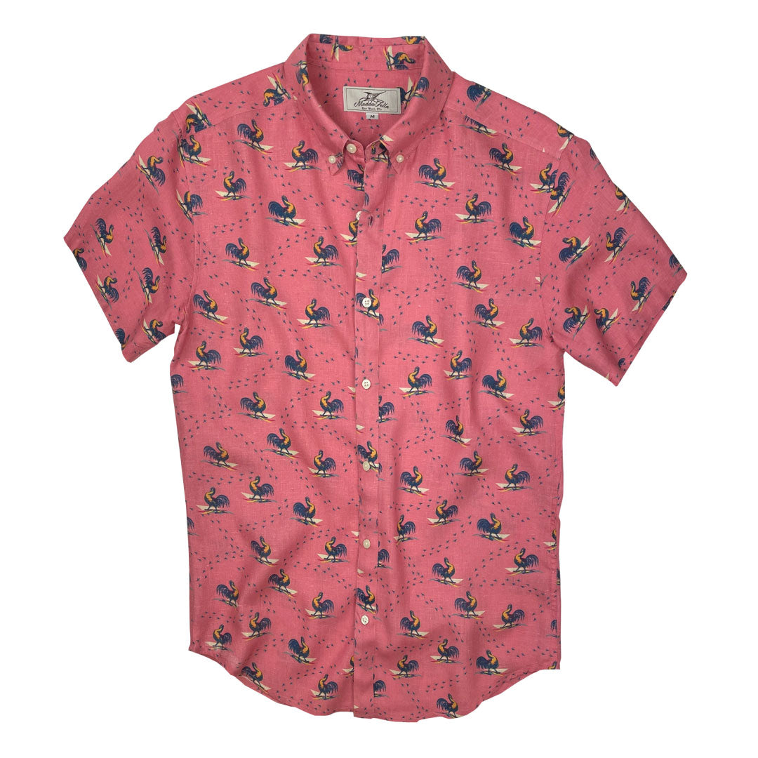 Rooster ++ men's pink linen shirt rooster print