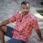 Rooster ++ men's pink linen shirt rooster print