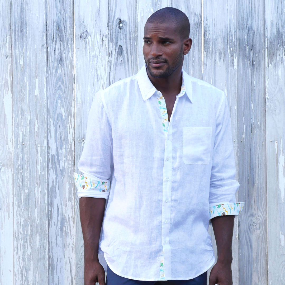 Sail White/Hurricane Print ++ white long sleeve linen shirt with 80s inspired accents