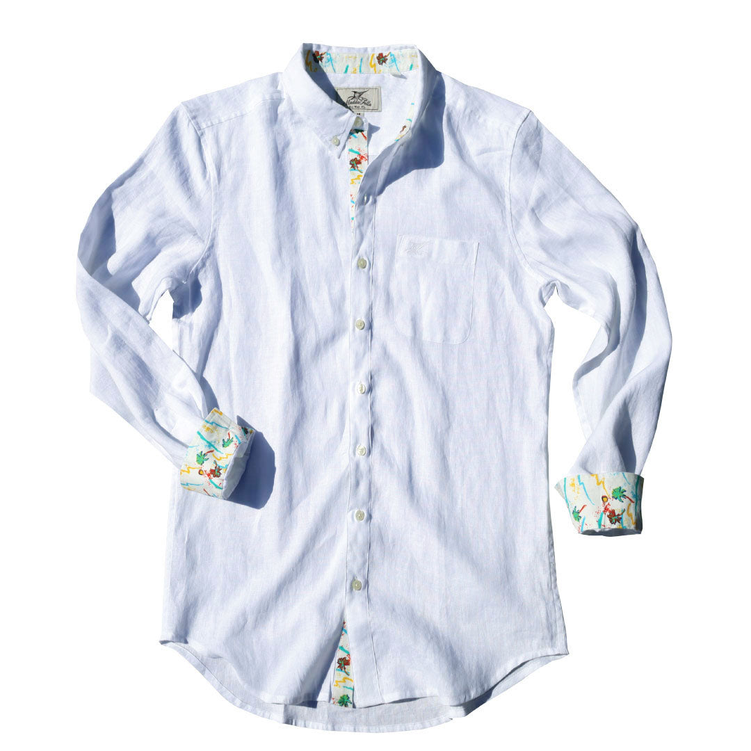 Sail White/Hurricane Print ++ white long sleeve linen shirt with 80s inspired accents