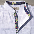 Sail White/Mojito Print ++ white long sleeve linen shirt men's with floral accents on cuff