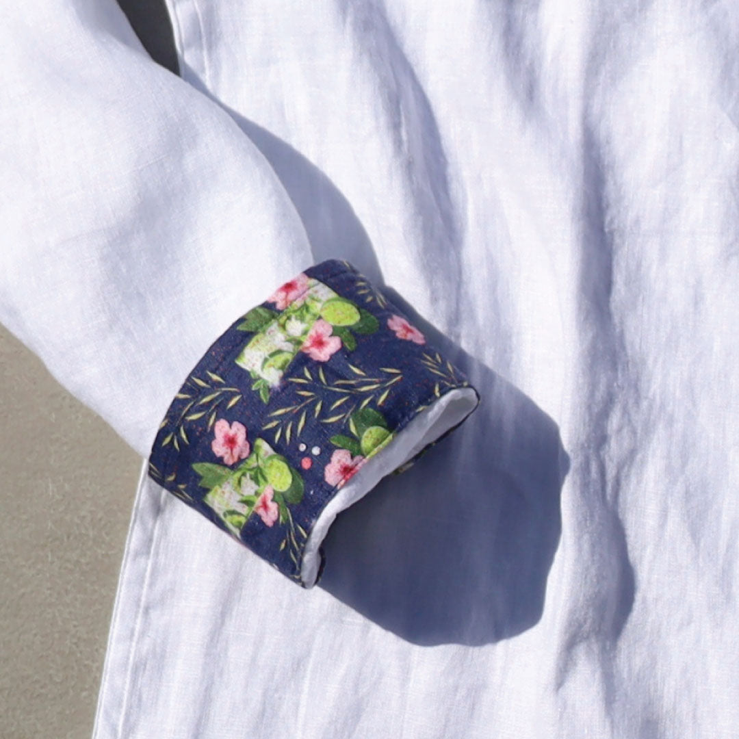 Sail White/Mojito Print ++ white long sleeve linen shirt men's with floral accents on cuff