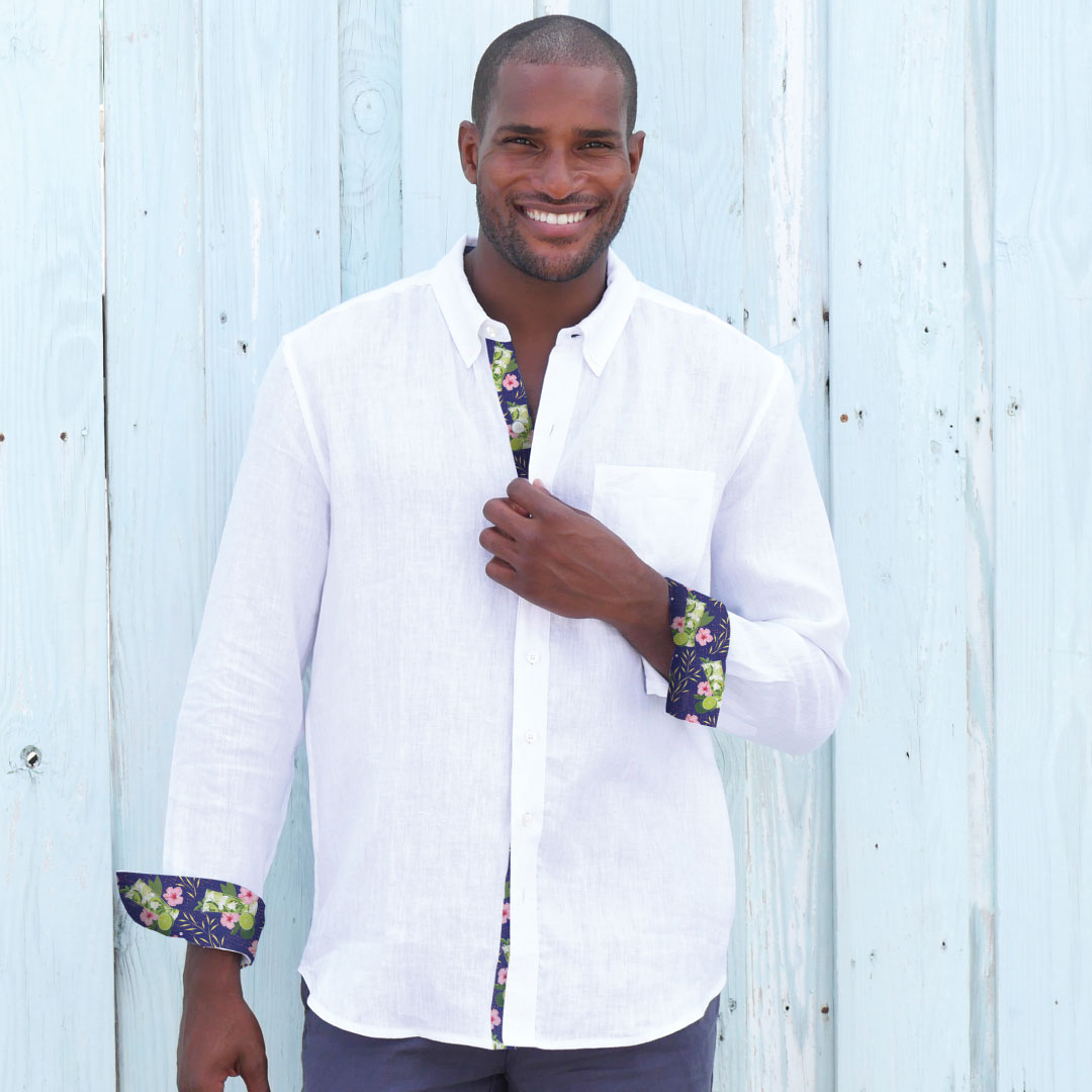 Sail White/Mojito Print ++ white long sleeve linen shirt men's with floral accents on cuff