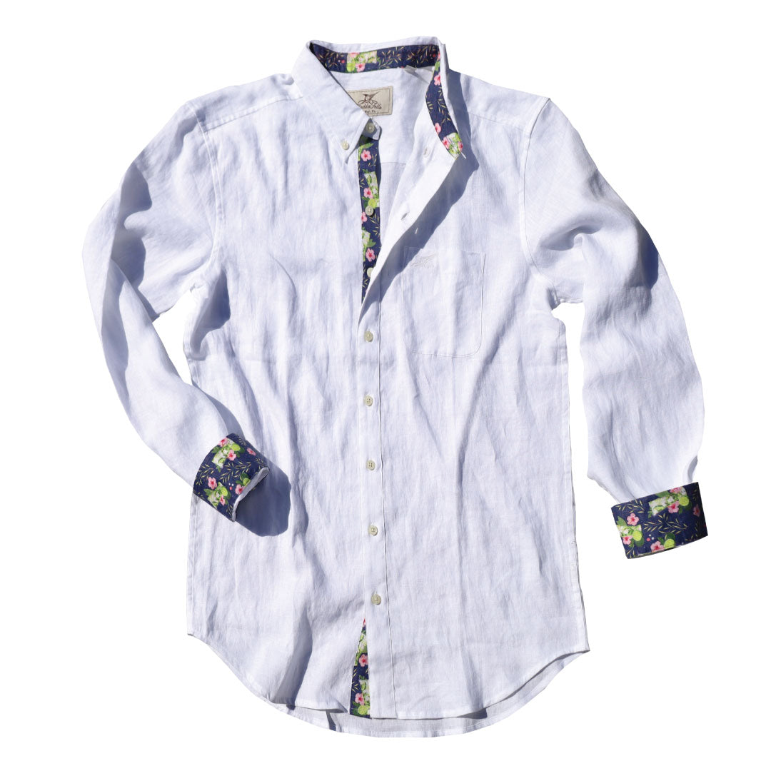 Sail White/Mojito Print ++ white long sleeve linen shirt men's with floral accents on cuff